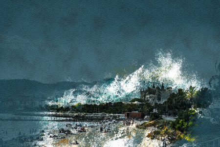 View of the beach of Palma de Mallorca with gorgeous cathedral building. Palma-de-Mallorca, Balearic islands, Spain. Modern painting, background illustration.の写真素材