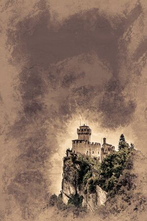 Beautiful view of the medieval fortress De La Fratta or Cesta overlooking the green hills of San Marino republic. Vintage painting, background illustration, beautiful picture, travel textureの写真素材