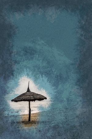 Minimalistic pgoto with straw umbrella on the beach . Vintage painting, background illustration, beautiful picture, travel textureの写真素材