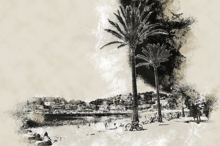 View of the beach of Port de Soller, Balearic islands, Spain. Vintage painting, background illustration, beautiful picture, travel textureの写真素材