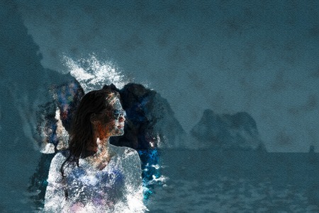 girl in sunglasses against Alanya peninsula, Antalya, Turkey. Vintage painting, background illustration, beautiful picture, travel textureの写真素材