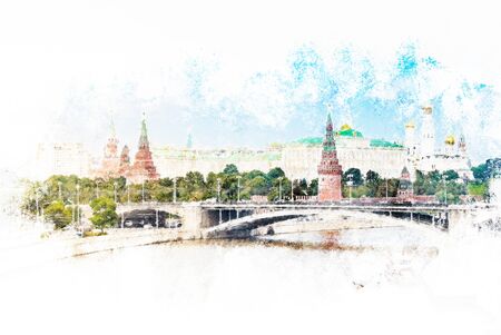 The Moscow Kremlin - the main attraction of the Russian capital. Modern painting, background illustration, beautiful picture, creative image.の写真素材