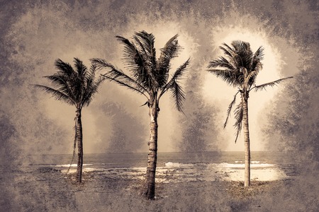 Palms against blue sky on a beach. Modern painting, background illustration.の写真素材