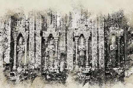 My Son, Ancient Hindu tamples of Cham culture in Vietnam near the cities of Hoi An and Da Nang. Vintage painting, background illustration, beautiful picture, travel textureの写真素材