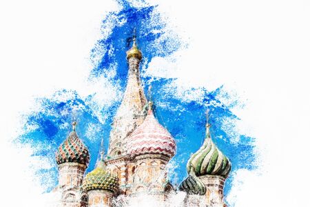 St. Basil Cathedral of the Protection of the Virgin on the Ditch Moscow. Vintage painting, background illustration, beautiful picture, travel textureの写真素材