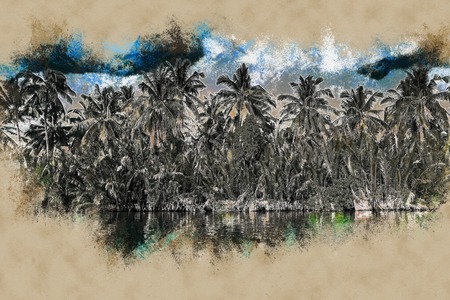 Palm trees on sea shore at beautiful sunny day. Image of tropical vacation and sunny happiness. Modern painting, background illustration.の写真素材