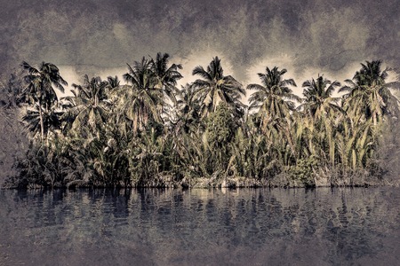 Palm trees on sea shore at beautiful sunny day. Image of tropical vacation and sunny happiness. Modern painting, background illustration.の写真素材