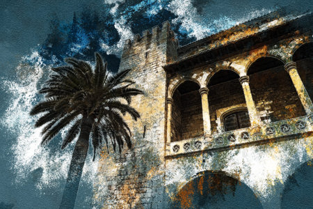 Almudaina palace with palm tree against blue sky and clouds, Palma de Mallorca, Balearic islands,...