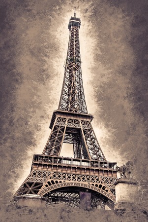 Eiffel tower at dusk, above clouds. viewd from seine. Vintage painting, background illustration, beautiful picture, travel textureの写真素材