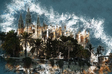 Cathedral of Palma de Mallorca viewed through lush greenery of the island. Vintage painting, background illustration, beautiful picture, travel textureの写真素材