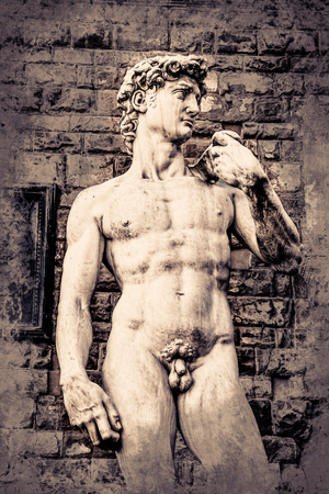 David by Michelangelo in front of Palazzo Vecchio, Florence Italy. Vintage painting, background illustration, beautiful picture, travel textureの写真素材