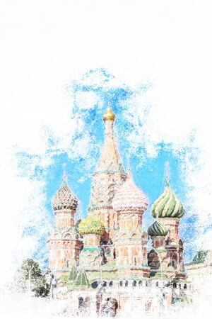 St. Basil Cathedral of the Protection of the Virgin on the Ditch Moscow. Vintage painting, background illustration, beautiful picture, travel textureの写真素材