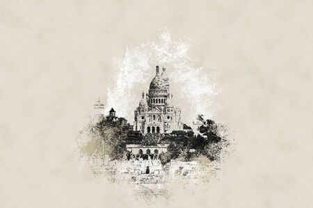 Sacre Coer in cityscape of Paris. Vintage painting, background illustration, beautiful picture, travel textureの写真素材