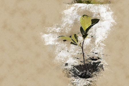 green sprout on stone. Vintage painting, background illustration, beautiful picture, travel texture