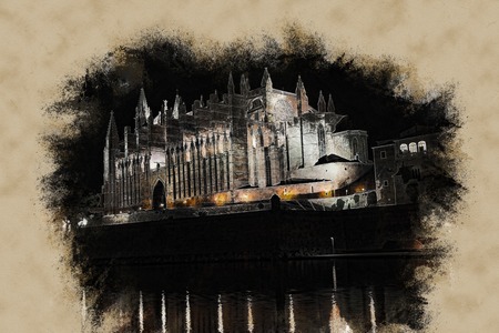 Cathedral of Palma de Mallorca La Seu night view and lake mirrored reflection of night illumination. Mallorca island, Spain. Modern painting, background illustration.の写真素材
