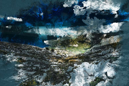 Beautiful landscape view of rocky mountains and clouds on the western part of Mallorca island, Spain. Vintage painting, background illustration, beautiful picture, travel textureの写真素材