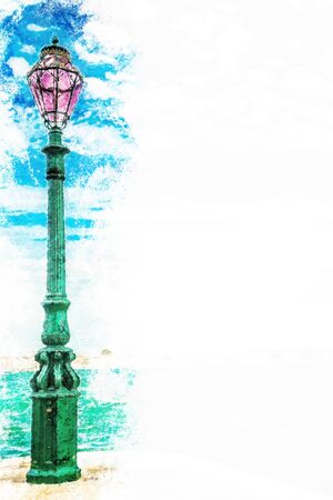 Green lantern on Giudecca island in Venice, Italy. Vintage painting, background illustration, beautiful picture, travel textureの写真素材