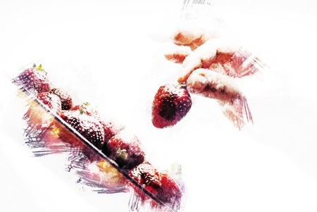 woman hand hold red ripe strawberry, closeup. Vintage painting, background illustration, beautiful picture, food textureの写真素材