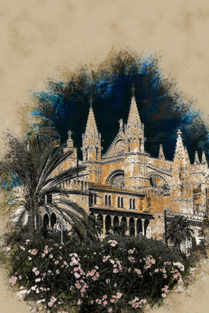 Cathedral of Palma de Mallorca viewed through lush greenery of the island. Big gothic church beside palm trees under the blue sky at sunset. Modern painting, background illustration.の写真素材