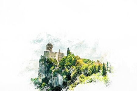 Beautiful view of the medieval fortress De La Fratta or Cesta overlooking the green hills of San Marino republic. Vintage painting, background illustration, beautiful picture, travel textureの写真素材