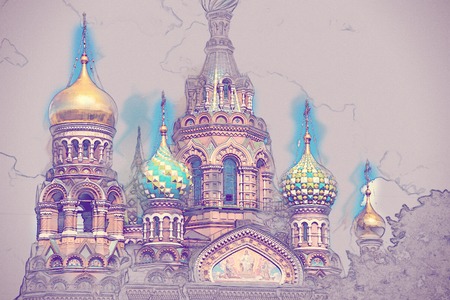 Church of the Savior on Blood in Saint-Petersburg, Russia. One of the main touristic attractions in the city. Vintage painting, background illustration, beautiful picture, travel textureの写真素材