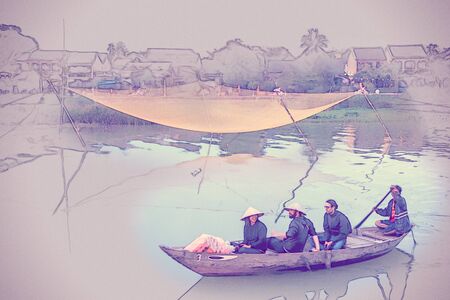 A group of tourists in a traditional vietnamese boat pass by a fishing net in Hoi An, Vietnam. Vintage painting, background illustration, beautiful picture, travel texture.の写真素材