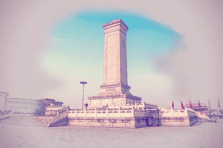 Monument to the People's Heroes on Tian'anmen Square - the third largest square in the world, Beijing, China. Vintage painting, background illustration, beautiful picture, travel textureの写真素材