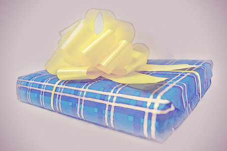 gift box with ribbon and bow isolated on white. Vintage painting, background illustration, beautiful picture, holiday textureの写真素材