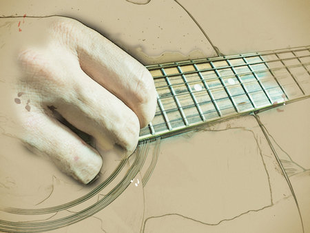 Closeup photo of an acoustic guitar played by a man. Only hands visible. Vintage painting,...