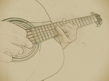 Closeup photo of an acoustic guitar played by a man. Only hands visible. Vintage painting,...