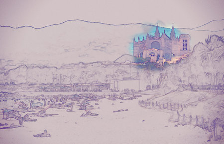 View of the beach of Palma de Mallorca with gorgeous cathedral building. Palma-de-Mallorca, Balearic islands, Spain. Modern painting, background illustration.の写真素材