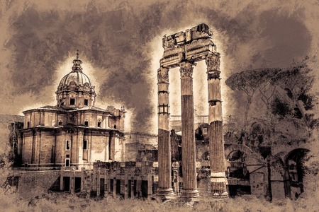 Ruins of the Roman Forum in Rome, Italy. Rome is the 3rd most visited city in the European Union. Vintage painting, background illustration, beautiful picture, travel textureの写真素材