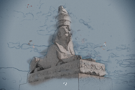 Authentic antique Egyptian sphynx on quay of the Neva river against cloudy sky in Saint-Petersburg, Russia. Vintage painting, background illustration, beautiful picture, travel textureの写真素材