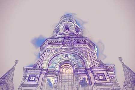 Church on Spilled Blood in Saint Petersburg, Russia. Vintage painting, background illustration, beautiful picture, travel textureの写真素材