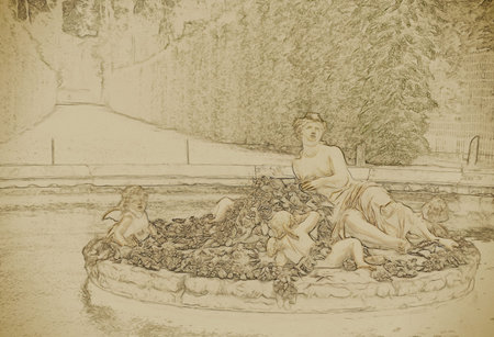 golden statue of flora in Versailles Palace garden, France. Vintage painting, background illustration, beautiful picture, travel textureの写真素材