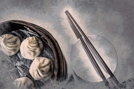Traditional chinese food, steamed dumpling served on table in a wooden dish and with wooden chopsticks. Vintage painting, background illustration, beautiful picture, travel textureの写真素材