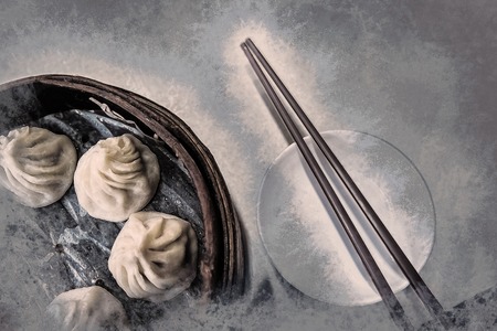 Traditional chinese food, steamed dumpling served on table in a wooden dish and with wooden chopsticks. Vintage painting, background illustration, beautiful picture, travel textureの素材 [FY31063252065]