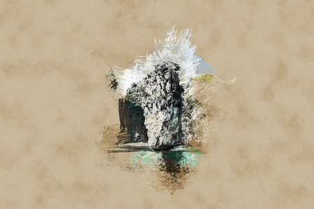 Beautiful view on limestone rocks of Ha Long Bay, one of the main travel destinations in Vietnam. Vintage painting, background illustration, beautiful picture, travel textureの写真素材