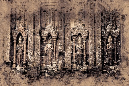 My Son, Ancient Hindu tamples of Cham culture in Vietnam near the cities of Hoi An and Da Nang. Vintage painting, background illustration, beautiful picture, travel textureの写真素材