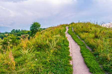 Pathway on a hill with wildflowers. Beautiful natural landscape at sunset with green grass, flowers and cloudy sky. Image of travelling and adventure in countryside. Great outdoors picture.の写真素材