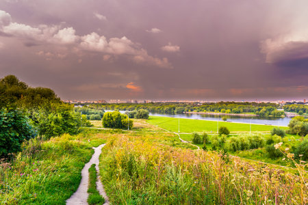 Pathway on a hill with wildflowers. Beautiful natural landscape at sunset with green grass, flowers and cloudy sky. Image of travelling and adventure in countryside. Great outdoors picture.の写真素材