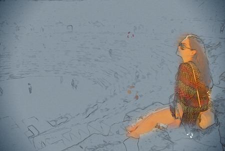 girl in sunglasses at sunset in Aspendos amphitheatre, Antalya, Turkey. Modern painting, background illustration.の写真素材