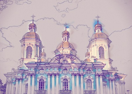 Saint Nicholas' Cathedral, Nikolsky sobor, popularly known as the Sailors' Chruch in Saint Petersburg, Russia. Vintage painting, background illustration, beautiful picture, travel textureの写真素材