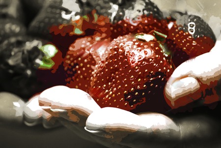 woman hands hold red ripe strawberries, closeup. Vintage painting, background illustration, beautiful picture, food textureの写真素材