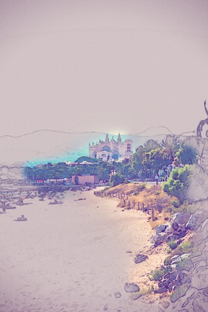 View of the beach of Palma de Mallorca with gorgeous cathedral building. Palma-de-Mallorca, Balearic islands, Spain. Modern painting, background illustration.の写真素材