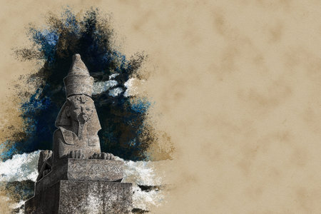 Authentic antique Egyptian sphynx on quay of the Neva river against cloudy sky in Saint-Petersburg, Russia. Vintage painting, background illustration, beautiful picture, travel textureの写真素材
