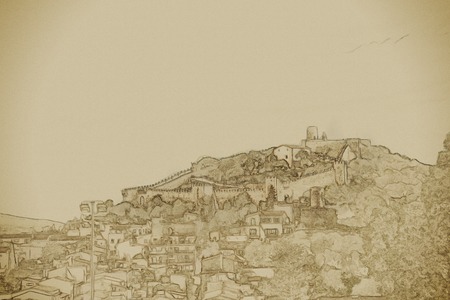 Capdepera castle on green hill in Mallorca island, Spain. Vintage painting, background illustration, beautiful picture, travel textureの写真素材