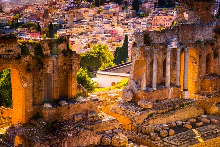 The Ruins of Taormina Theater at Sunset. Beautiful travel photo, colorful image of Sicily.の写真素材