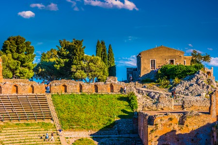 The Ruins of Taormina Theater at Sunset. Beautiful travel photo, colorful image of Sicily.の写真素材