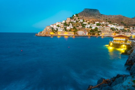 Hydra island on a summer night in Greece. Beautiful landscape with night illumination.の写真素材
